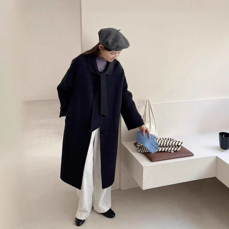 2025 New Autumn and Winter Double-Sided Wool Outwear Women's Design Mid-Length Lace-Up Loose Woolen Outwear