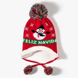针织帽加绒带毛球针织提花儿童圣诞帽冬季保暖加厚毛线帽厂家定制