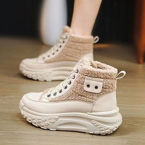 High-top Fleece Lined Thick Warm Cotton Shoes for Spring and Autumn/Winter, Thick Sole Height Increasing Sports Dad Shoes for Women