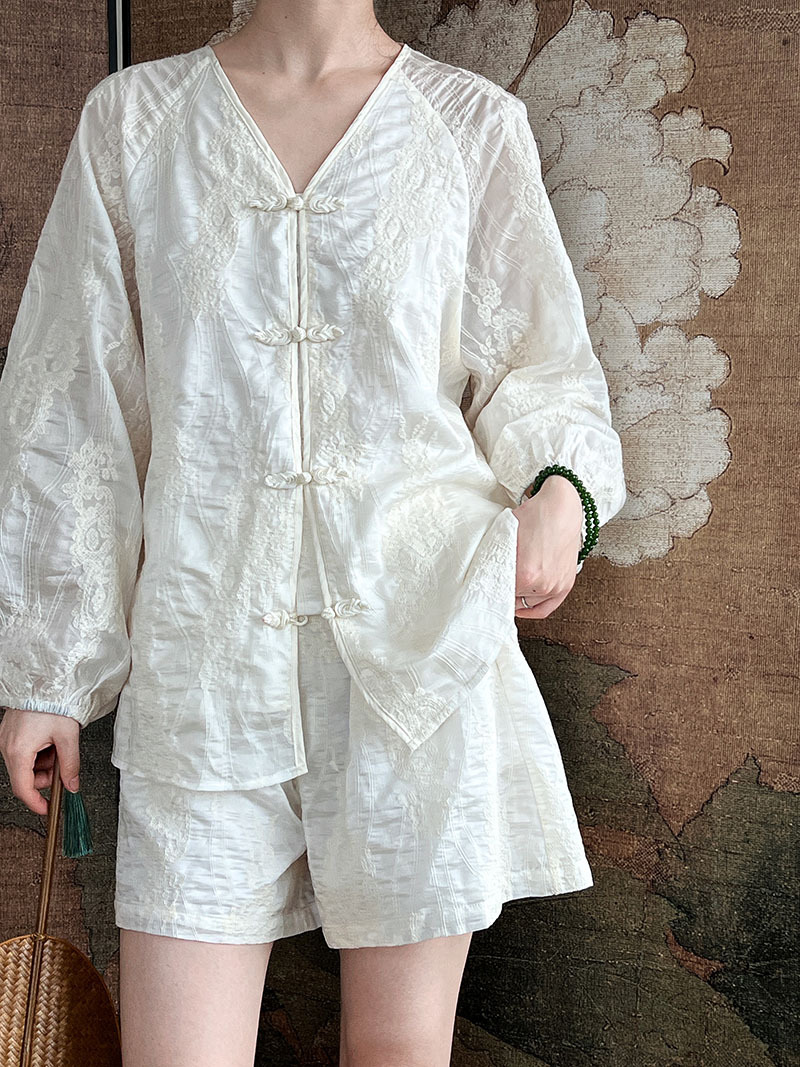 Tencel Sun Proof Two Piece Suit Crocheted Chinese Knot Button Embroidery Shirt Top Shorts Suit
