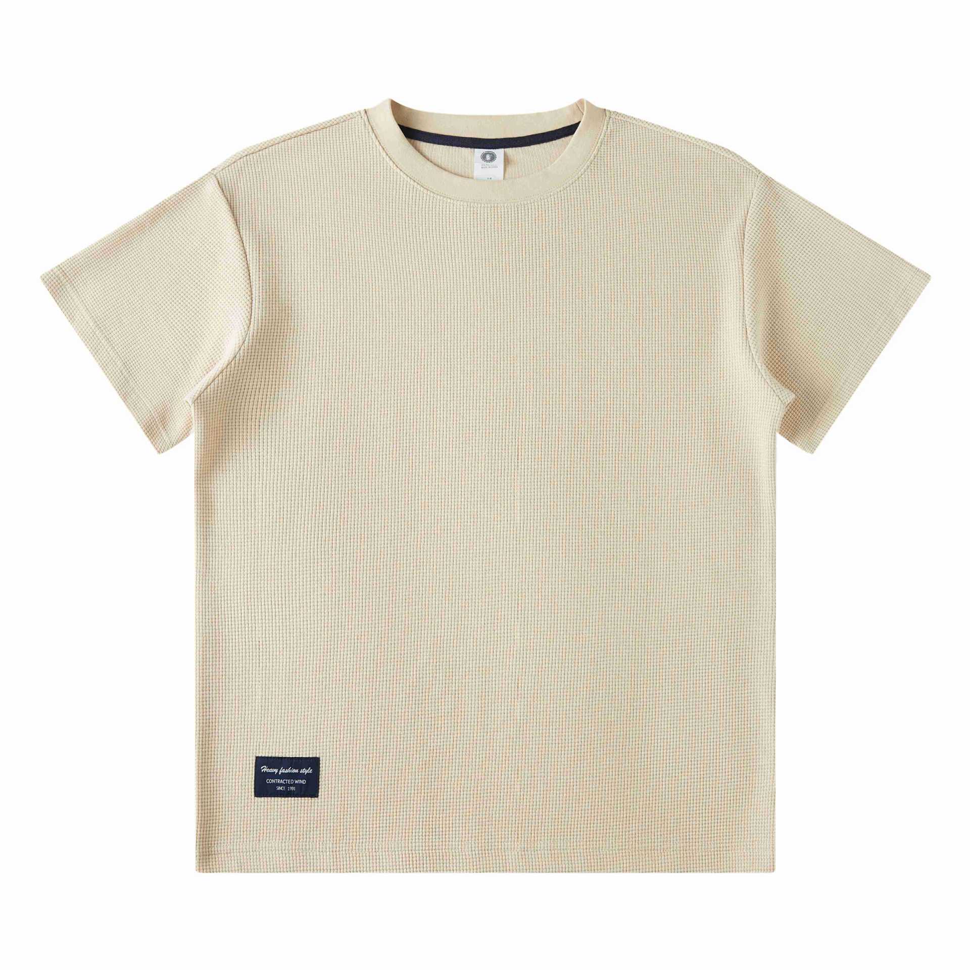 280g waffle de manga corta Camiseta de los hombres de verano casual flojo americano retro pesado hombro de punto camisa de media manga