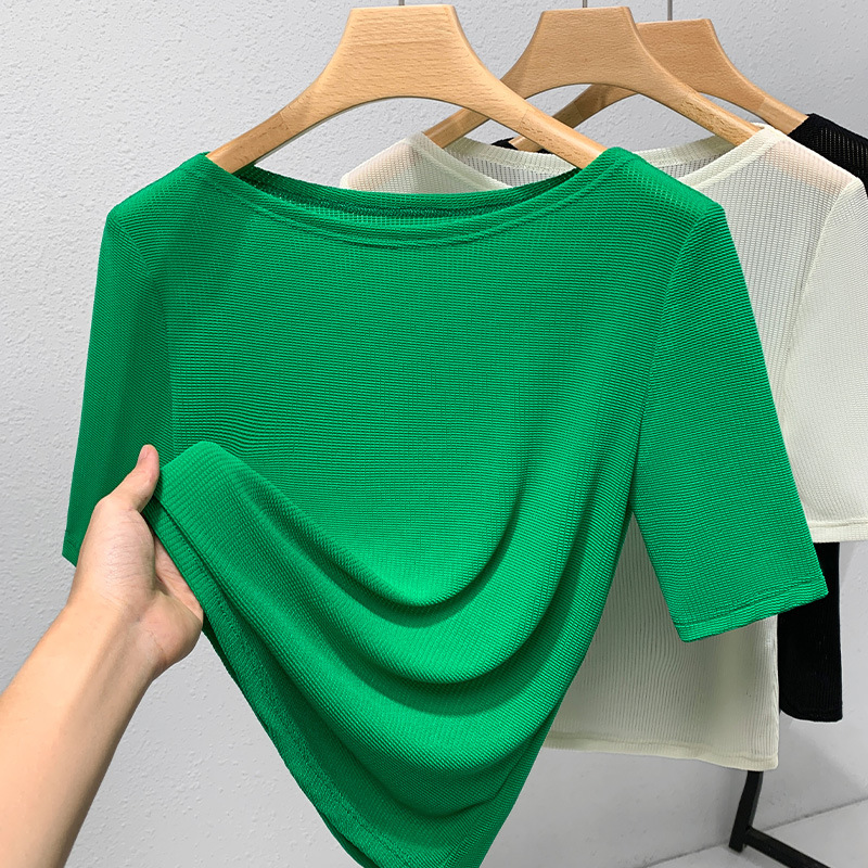 Camiseta de mediados de manga de las mujeres 2023 nuevas mujeres europeas elegante fuera del hombro de malla de color sólido de la cintura-apretado tramo superior image 8