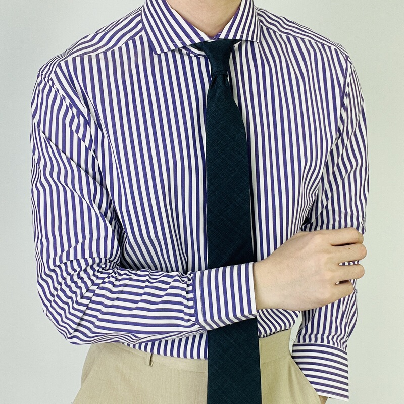 Men's Windsor Collar Long-Sleeved Shirt, Classic Retro Pinstripe, Red, Purple, Blue, Navy, Non-Iron Treatment
