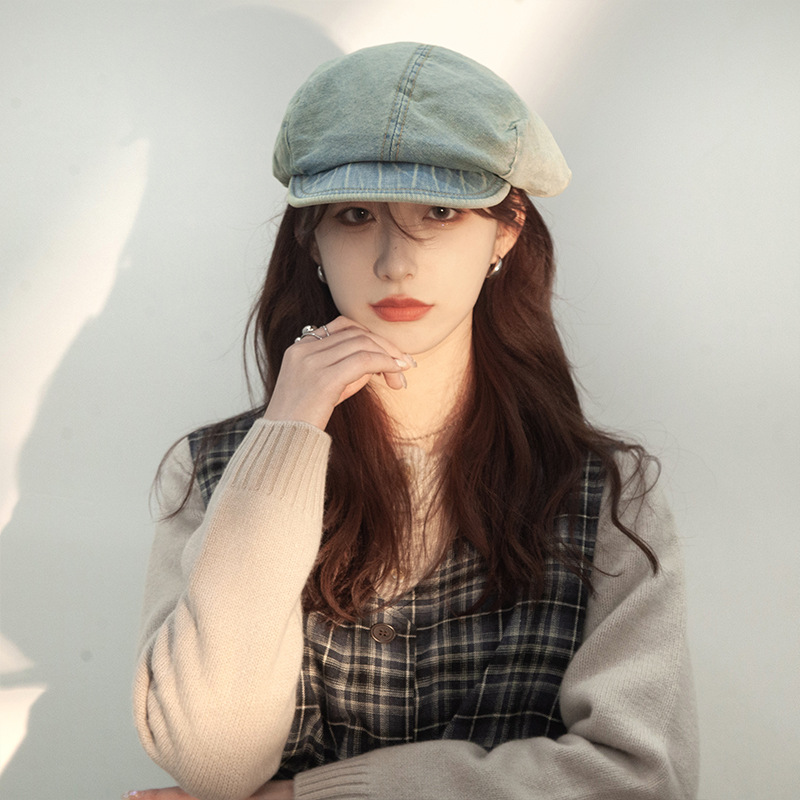 Coreano retro sólido vaquero boina de cabeza grande cara pequeña pintora versátil sombrero de nubes de ocho ángulos sombrero de moda