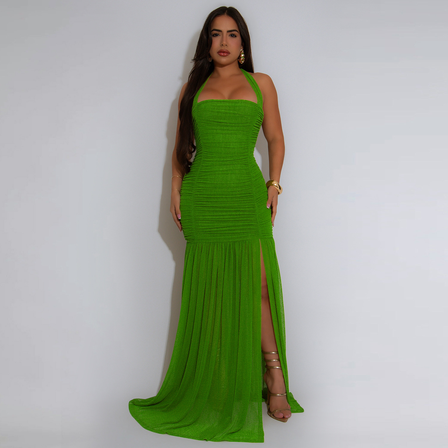 C7398 Cross-border AliExpress Amazon Ropa de mujer de moda europea y americana Vestido de color sólido sexy con hilo de red de verano