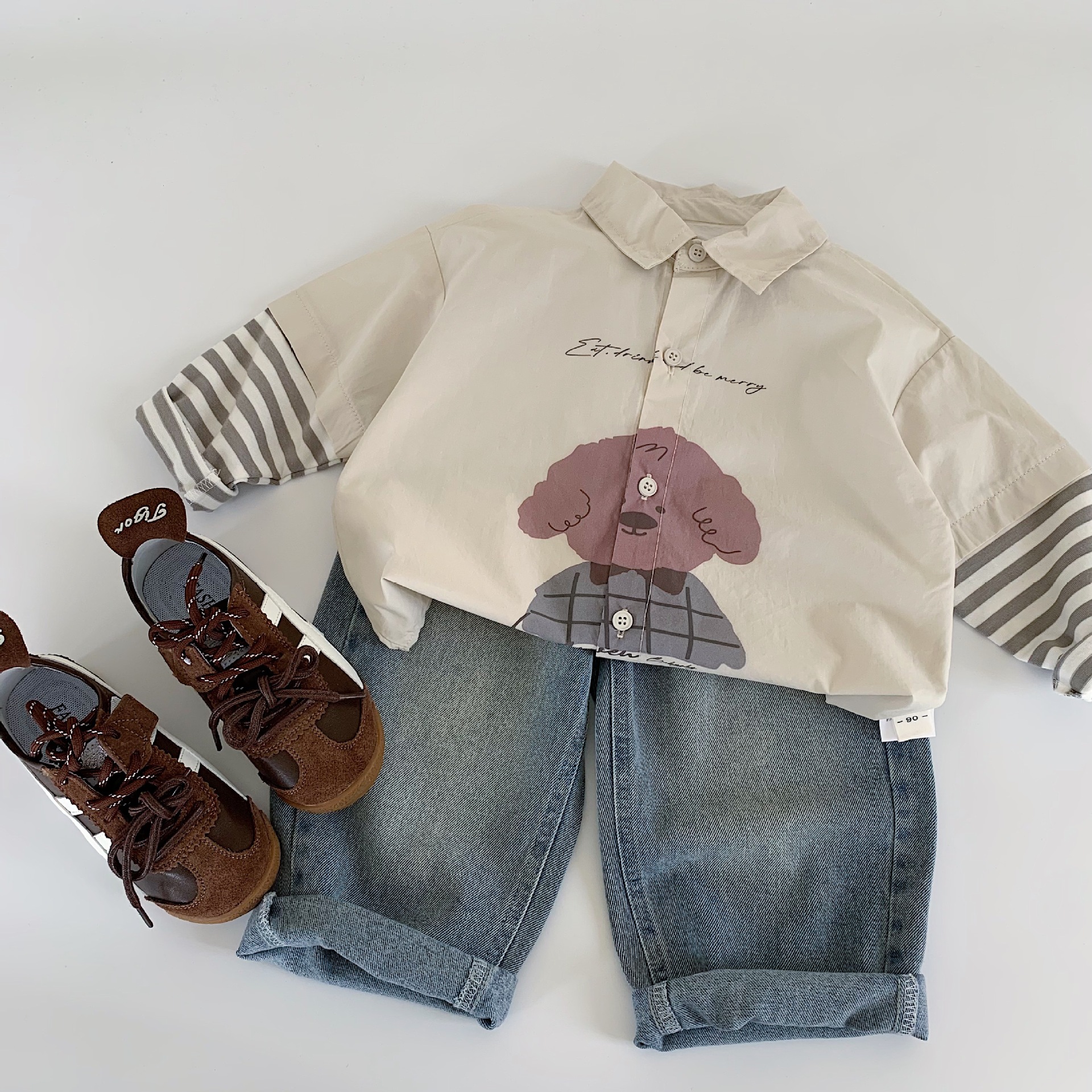 Camisas infantiles Mai Bao 2025, otoño nuevo estilo coreano de dibujos animados para bebés masculinos y femeninos, camisas falsas de dos piezas para niños primavera y otoño