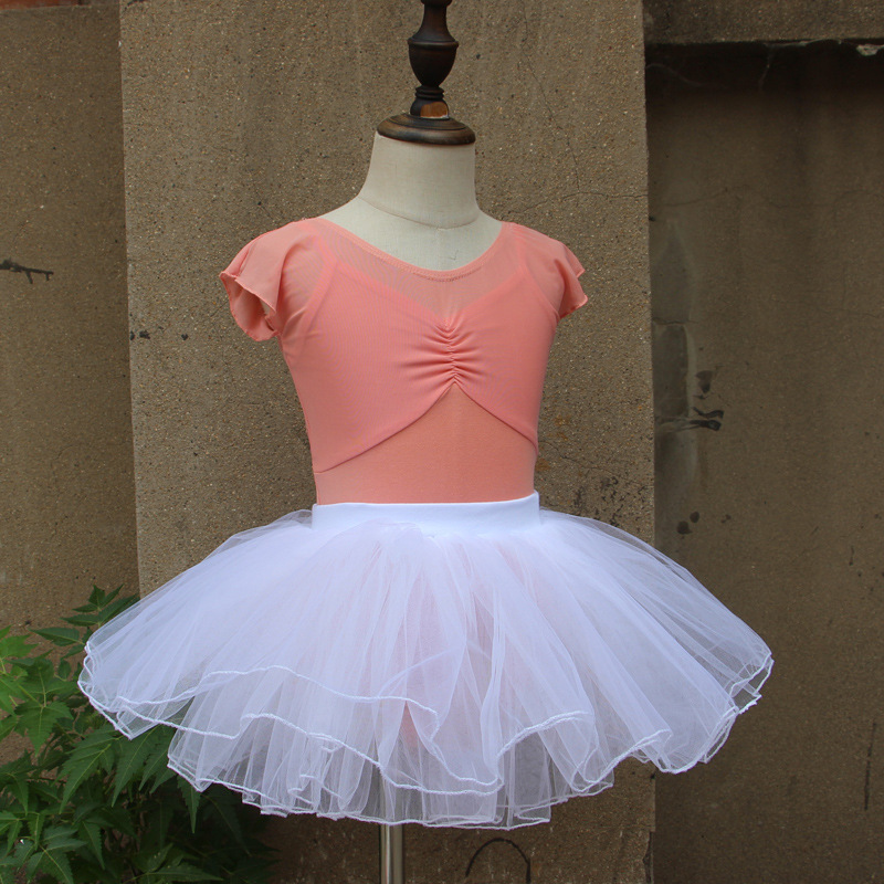 子供のダンスの練習服の女の子の夏のガーターの形の服のオレンジの粉の半袖の中国のダンスの体操服の黄色の蓬蓬のスカート|undefined
