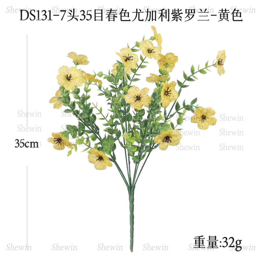 Flores artificiales de eucalipto violeta de siete cabezas para decoración de jardín exterior, hogar, hotel, boda, adornos de flores artificiales.