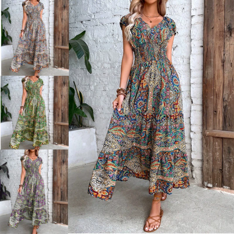 В наличии Внешняя торговля Европейские и американские женские трансграничные AliExpress Новое темпераментное модное богемное платье с высокой талией