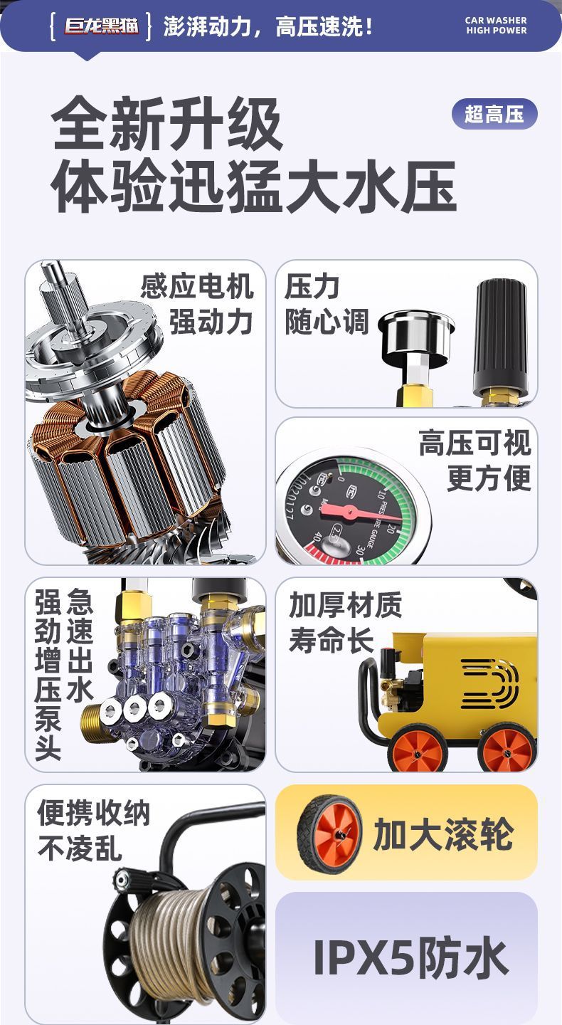 Julong Black Cat High-Pressure Car Washer 220V Household Cleaning Machine High-Power Farm Washing and Car Washing Pump