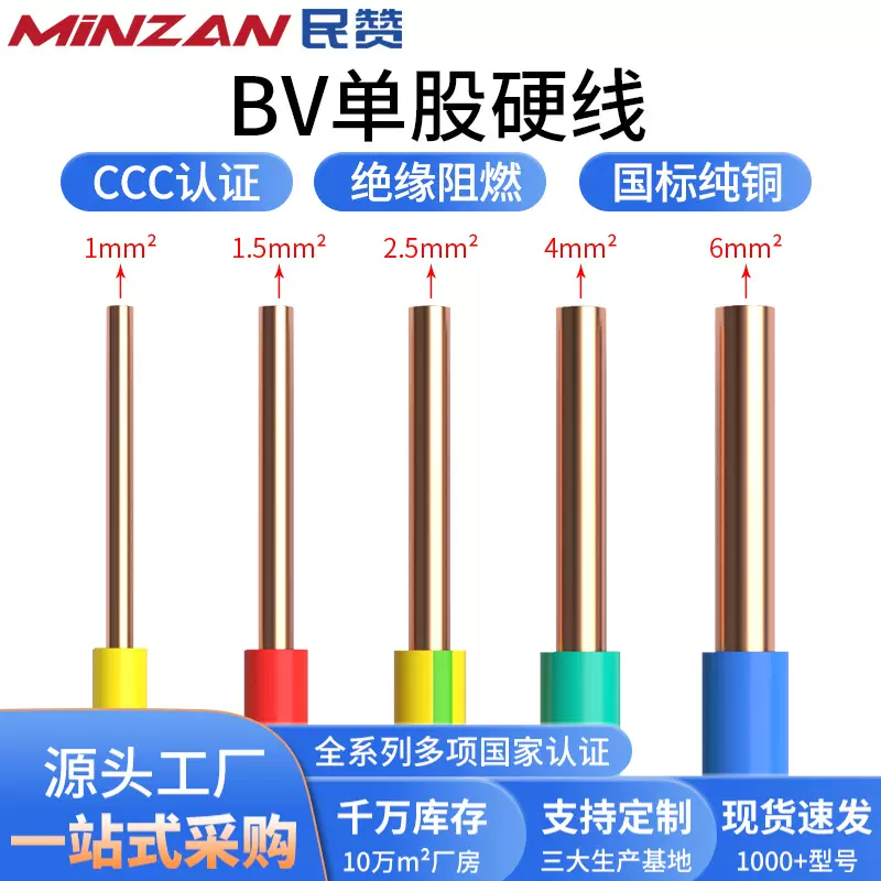 国标纯铜芯BV电缆1.5/2.5/4/6平方电线家装单芯单股硬线批发