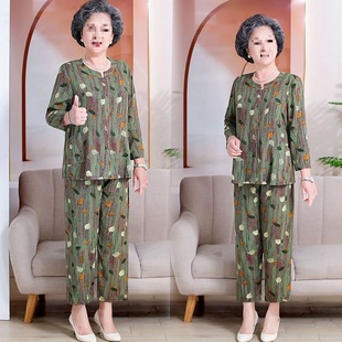 Elderly Women's Artificial Cotton Suit 2025 Grandma's Summer Cool Cardigan Pants Complete Set Loose Home Clothes