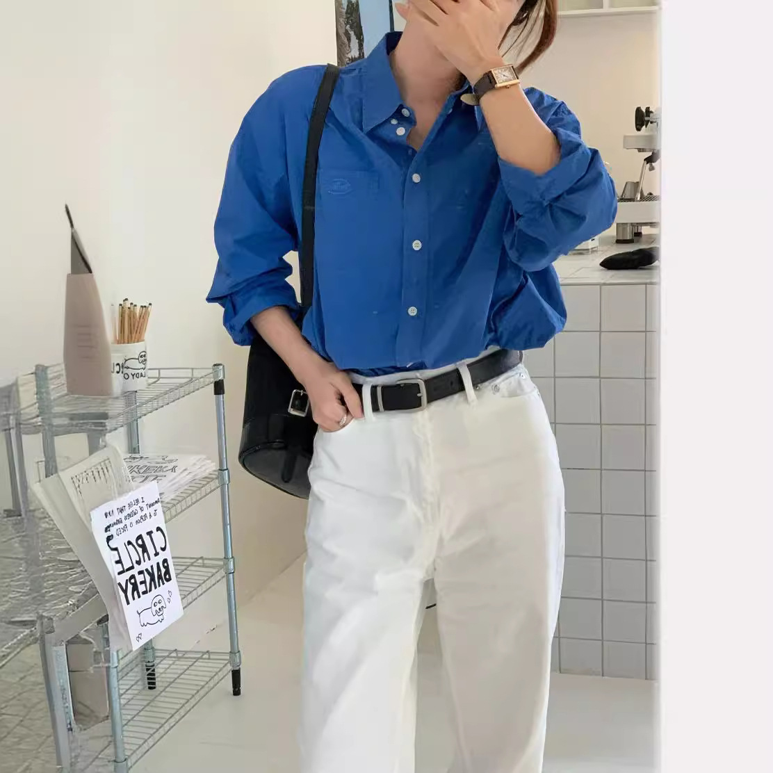 ----- Source factory 24 spring new blue pocket letter embroidered shirt shirt cn03121