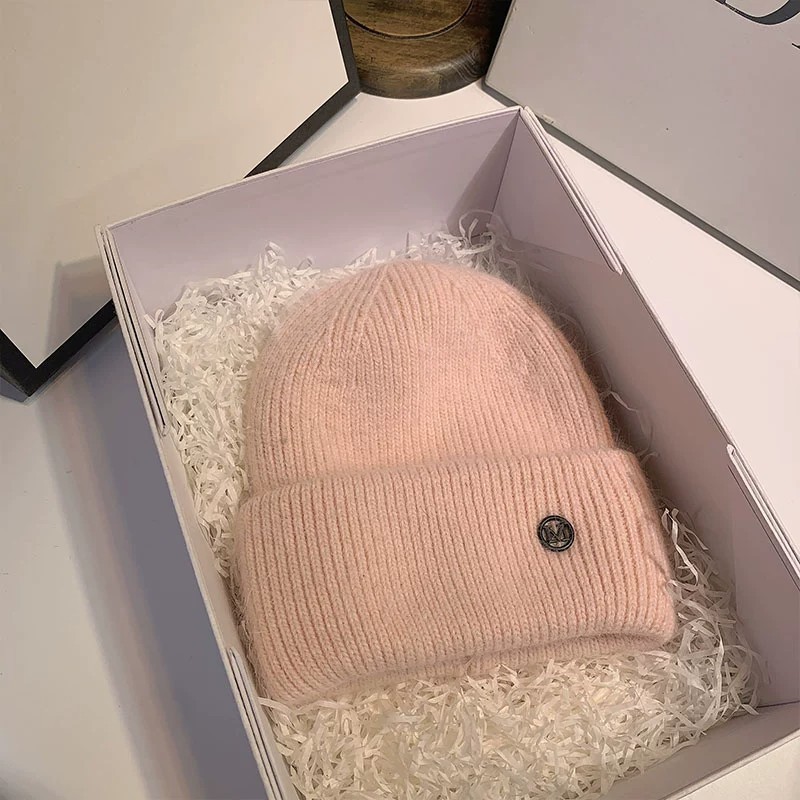 Simple Style Style Thick Knitted Hat With Rabbit Fur Winter Warmth Ear Protection Wool Lining Large Head Size Wool Hat Basic