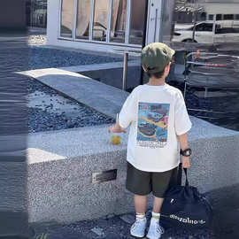 男童短袖t恤夏季薄款2024新款帅气洋气纯棉夏装儿童涂鸦烫画体恤