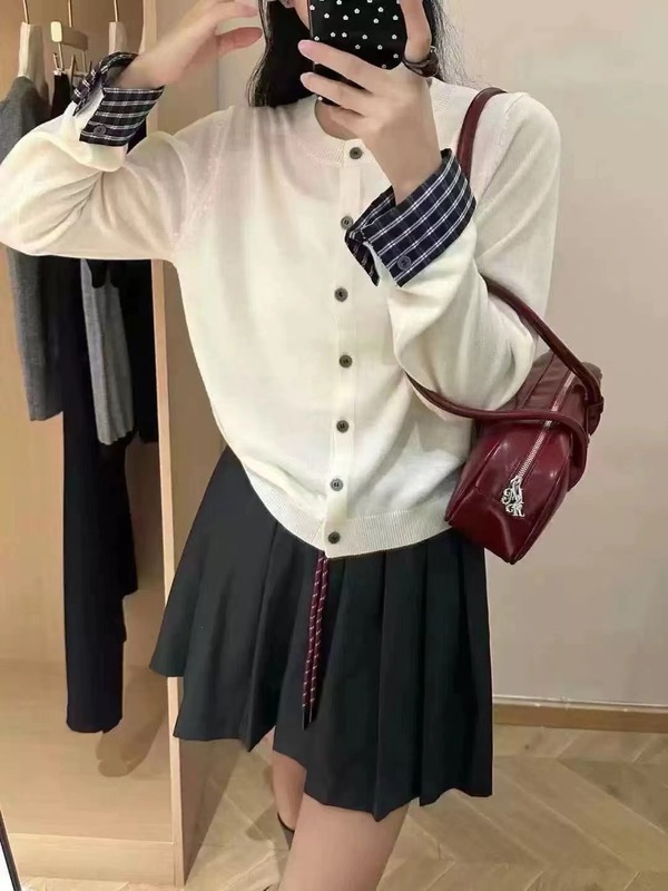 MJG时尚拼接假两件针织开衫女2025秋冬季新款单排扣打底毛衣外套|undefined