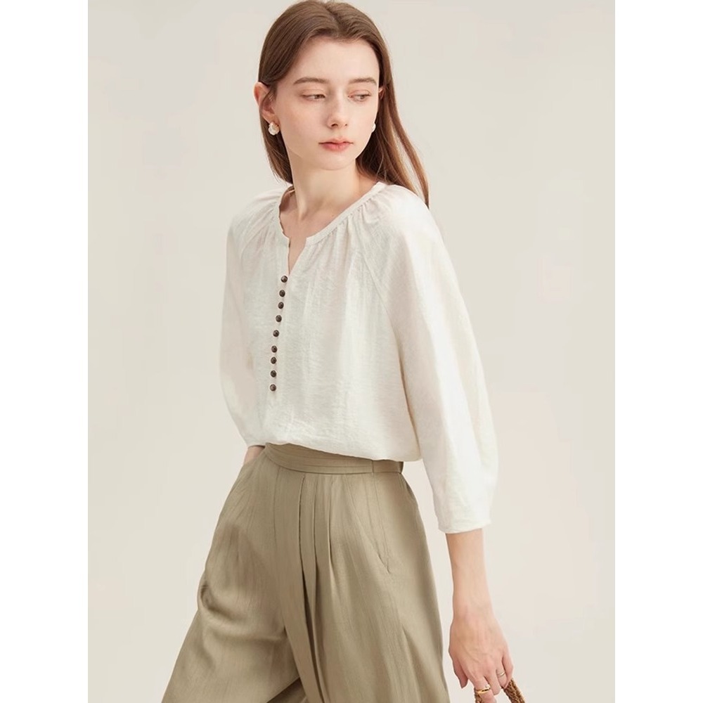 Áo sơ mi linen nữ tay lửng dáng rộng phong cách Pháp — Màu trắng nhạt