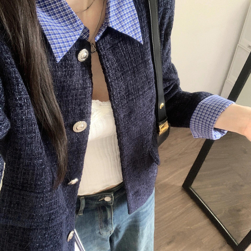 韩系假两件拼接翻领小香风外套女秋季新款宽松休闲短款夹克上衣潮|undefined