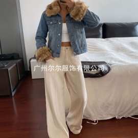 跨境货源复古水洗毛领牛仔外套女秋冬短款毛袖拼接辣妹夹克