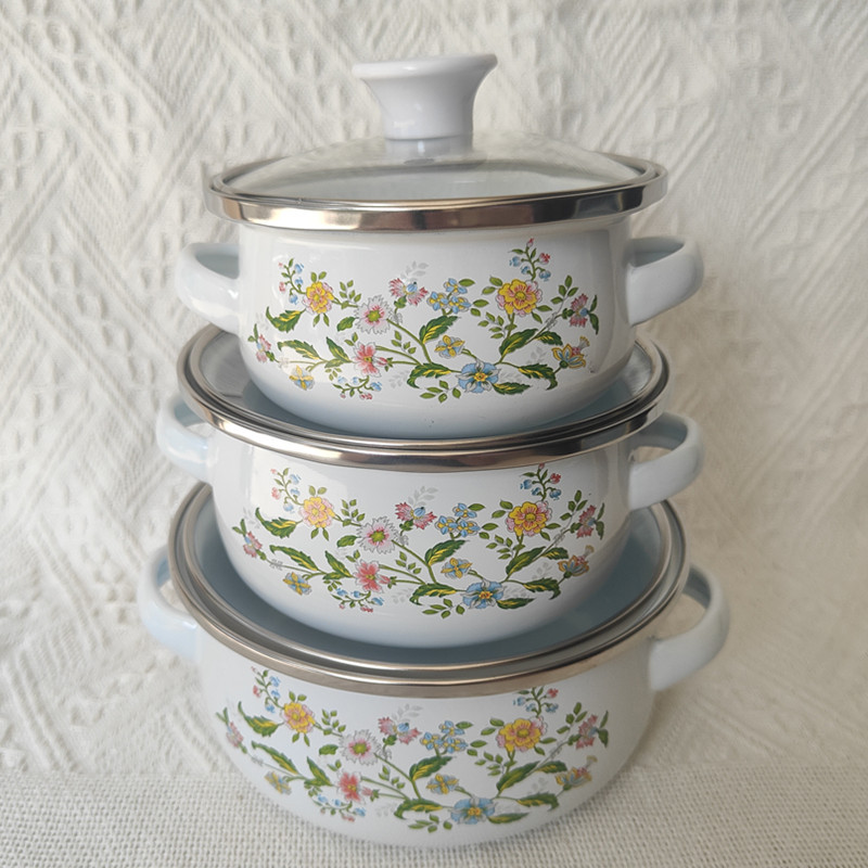 Olla de tres piezas de esmalte directo de fábrica mini olla de sopa aceite de doble oreja olla de fideos instantáneos fondo plano pequeña olla caliente