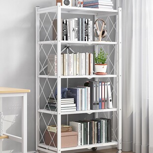 Installation-Free Movable Bookshelf Wrought Iron Floor-To-Ceiling Wheeled Living Room Foldableing Storage Rack Bedroom Storage Simple Small Bookcase