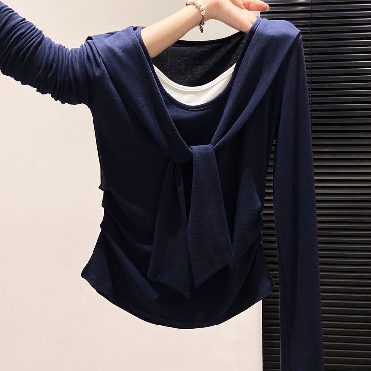 Plus-Size Faux Two-Piece Spring and Autumn New Style Long-Sleeve T-Shirt for Women with a Unique Design, Shawl-Style Outerwear, Versatile Base Layer Top, Trendy