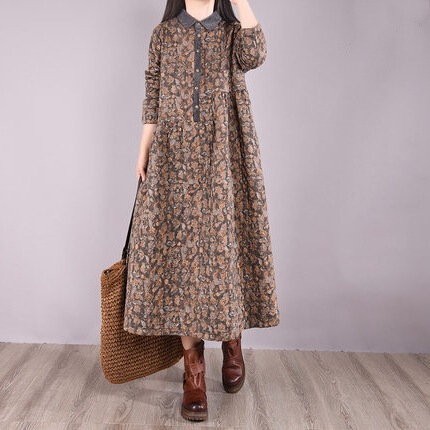 2025 New Winter Korean Style Mid-Length Loose Artistic Casual Quilted Thickeneded Floral Cotton and Linen Dress 2025 New Winter Korean Style Mid-Length Loose Artistic Casual Quilted Thickeneded Floral Cotton and Linen Dress
