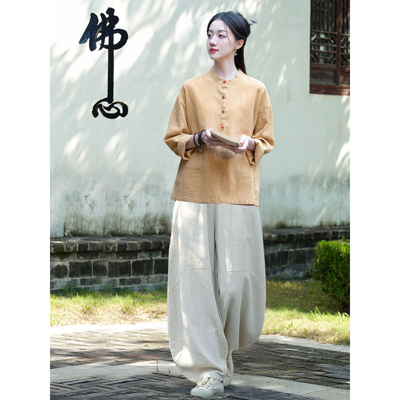 女性用在家服、中国風婦人服、綿麻ボタン付きトップス、禅服、中国風仏教禅無地スーツ|undefined
