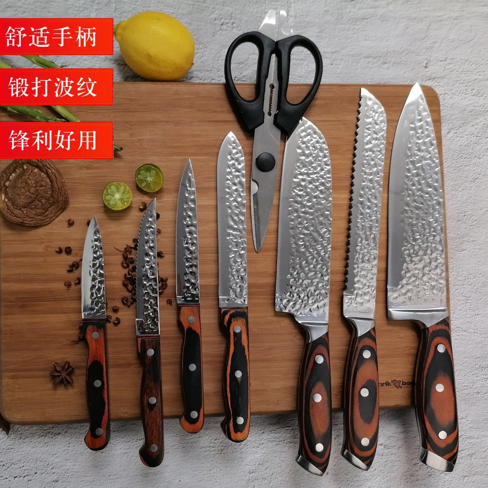 Cuchillo de cocina transfronterizo martillo forjado cuchillo de cocina cuchillo de madera cuchillo de cabeza de acero 15 piezas cuchillo de cocina cuchillo de corte de carne