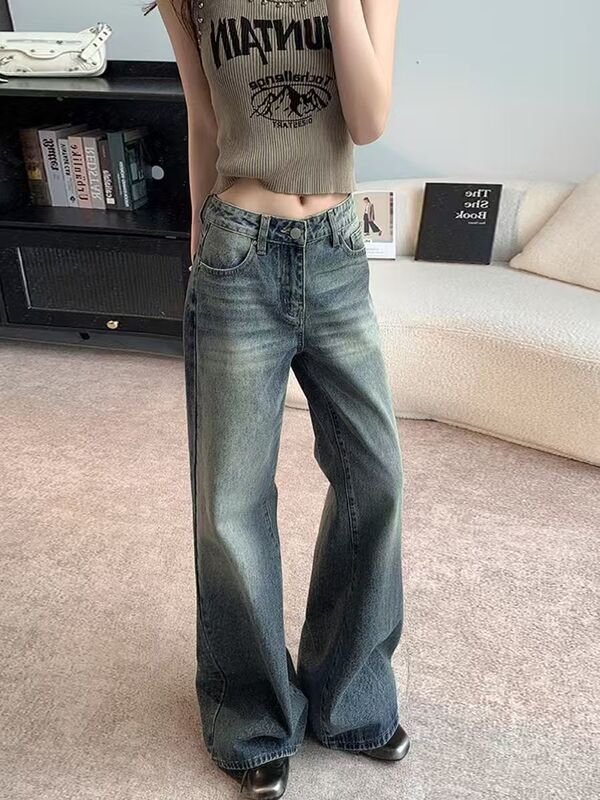 American Retro Washed Flared Jeans for Women, New Style, Low-Waisted, Loose, Slimming, Straight-Leg, Floor-Length Pants, Trendy