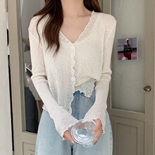 奶蓝色冰丝防晒衣开衫女夏季薄款木耳边温柔甜美长袖领针织上衣