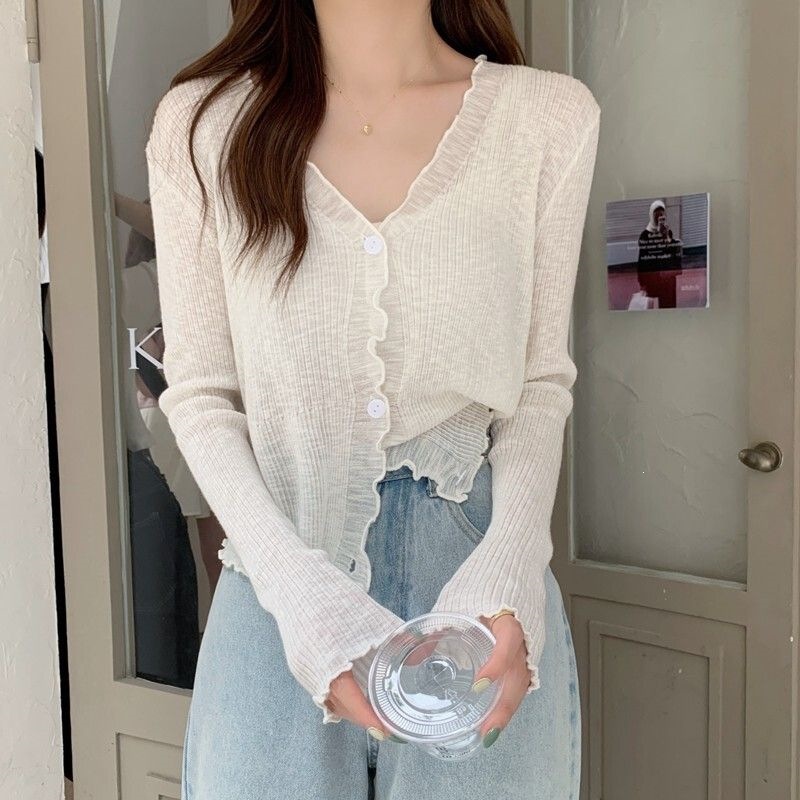 奶蓝色冰丝防晒衣开衫女夏季薄款木耳边温柔甜美长袖领针织上衣