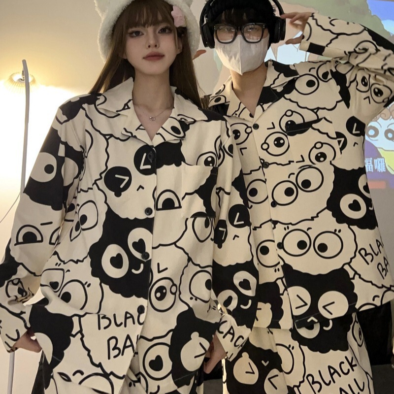 Cross-border Wholesale Couple Pajamas Spring and Autumn New Long Sleeve Cartoon Men's and Women's Loose Large Size Fashionable Brand Home Suit
