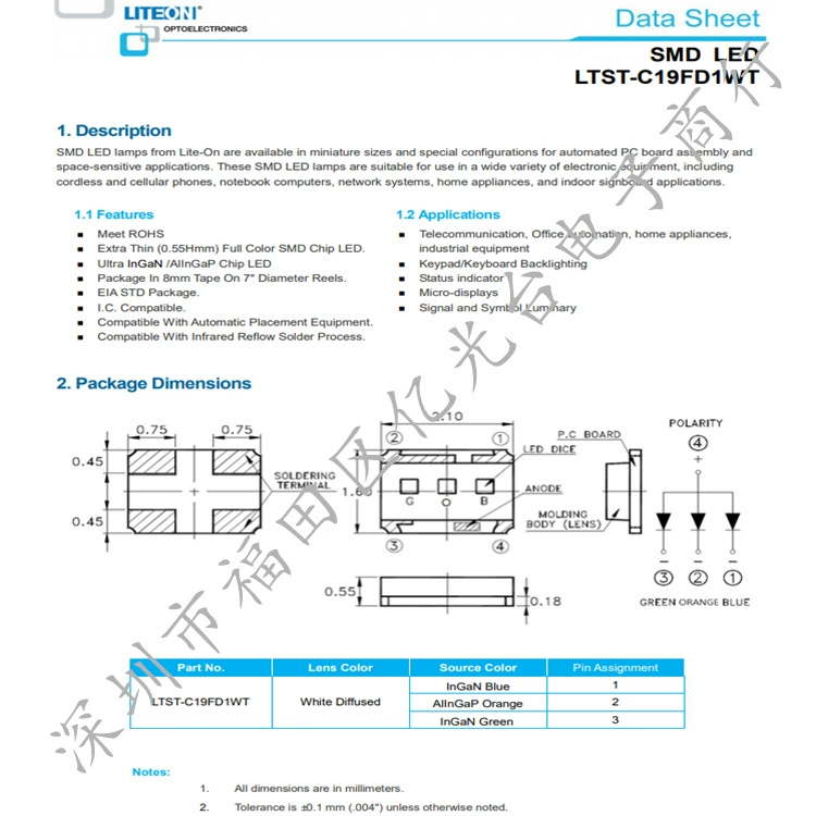 [LTST-C19FD1WT SMD-светодиод, семицветный светодиод, оригинал Lite-On, в наличии]