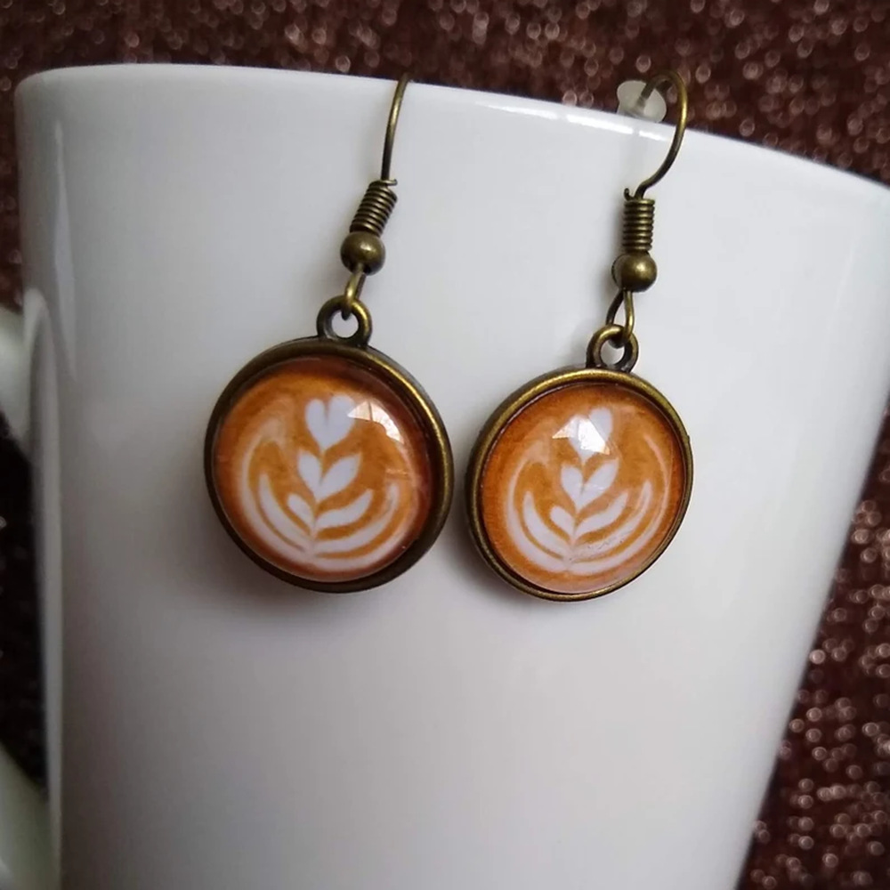 Coffee Latte Chocolate Love Heart Art Glass Earrings Printed Four Leaf Clover Bronze Jewelry Women's Jewelry Gifts