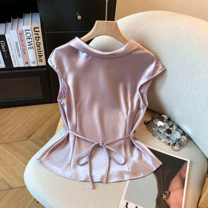Real Shot of Lace-Up Glossy Satin Sleeveless Shirt for Women Summer New Style High-End Fashion Elegant Waist Slimming Top Real Shot of Lace-Up Glossy Satin Sleeveless Shirt for Women Summer New Style High-End Fashion Elegant Waist Slimming Top