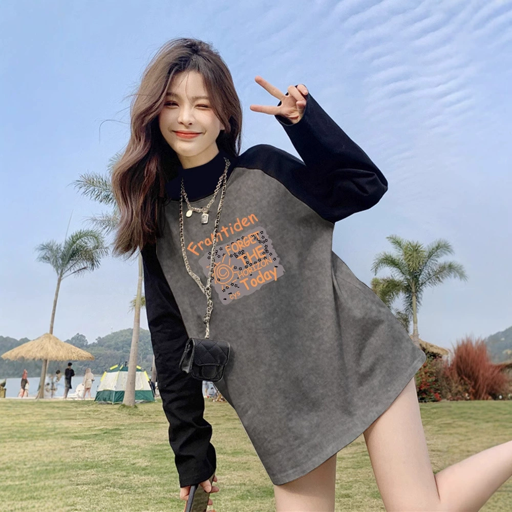 Нижняя рубашка с половиной воротника женская осень-зима свободная средняя длинная толстая шерсть футболка с длинными рукавами акула брюки с топом