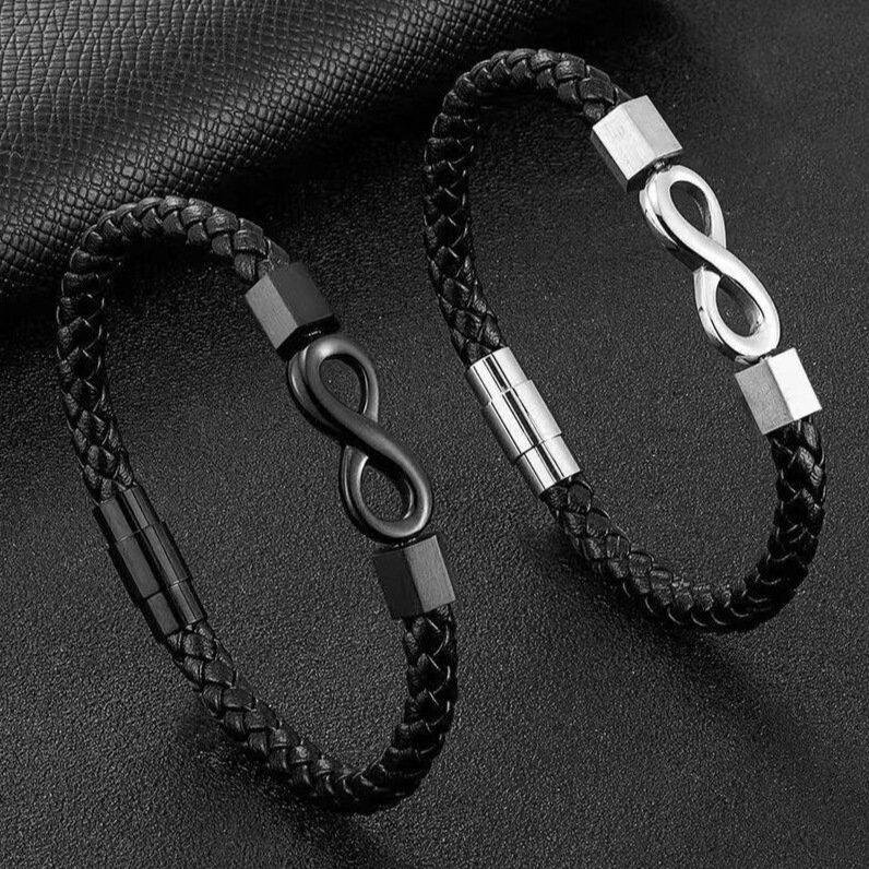 Cross-Border Jewelry Stainless Steel Hand-Woven Leather Bracelet Personalized Figure 8 Men's Leather Cord 2025 New Model