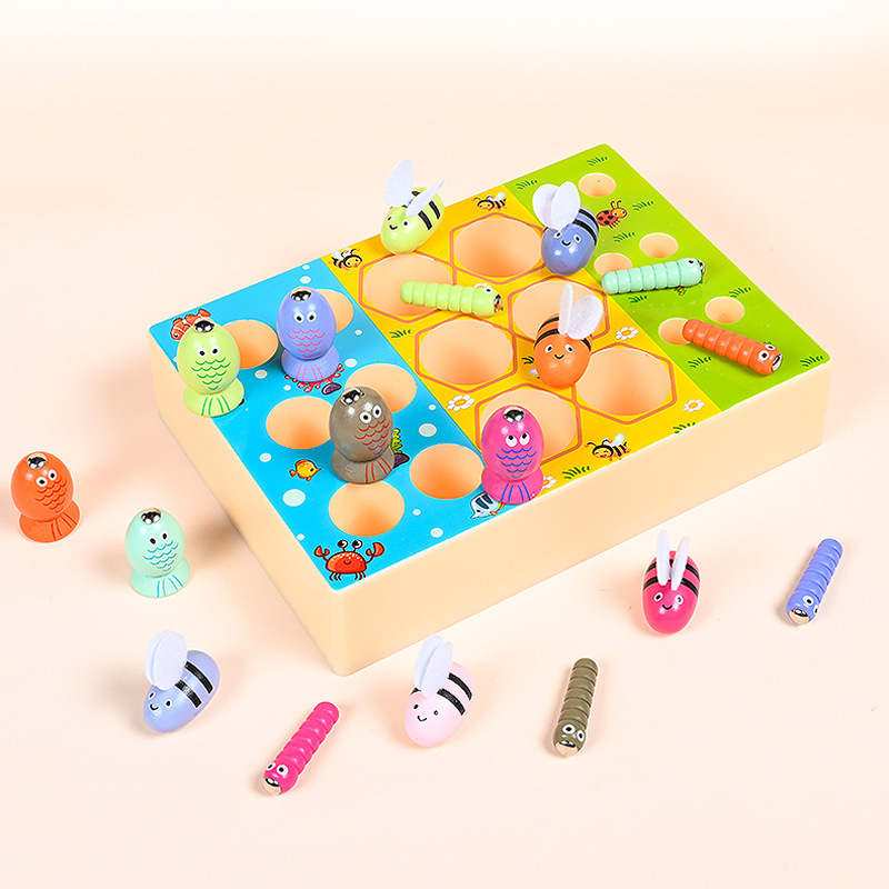 Wooden Children's Montessori Clip Fishing Hive Game Enlightenment Early Education Clip Bee Puzzle Building Blocks Toy