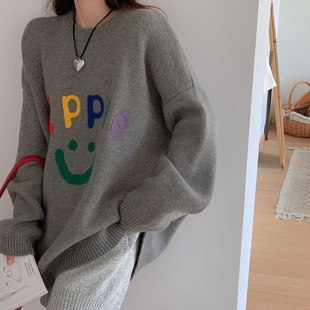 Autumn and Winter Wear Korean Style plus size chubby girl Colorful Letters Smiley Jacquard Lazy Style Pullover Sweater Loose Knitted Sweater