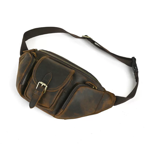 Cross-border hot selling men's retro first layer cowhide waist bag Leisure outdoor mountaineering travel 8-inch crossbody bag chest bag 380