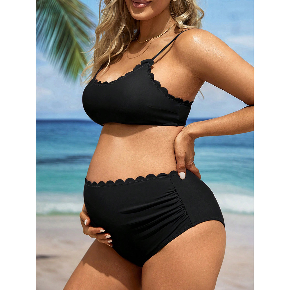 2024 New European and American Cross-border Maternity Sling Split Swimsuit Women's Two-piece Set Pure Color High Waist Belly-covering Swimsuit Export