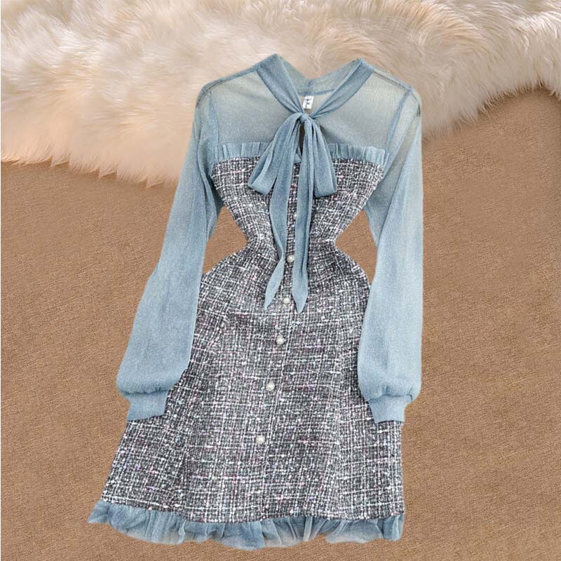 Elegant Lady Chanel style elegant floating lead stitching waist slimming A- line ruffled tweed dress autumn Elegant Lady Chanel style elegant floating lead stitching waist slimming A- line ruffled tweed dress autumn