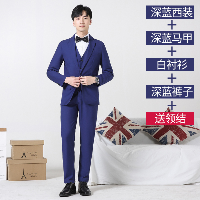Dark blue suit + vest + pants + white shirt with free bow tie / M