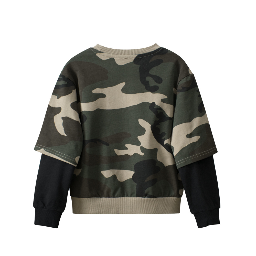 27kids ropa para niños transfronterizos 2025 primavera y otoño suéter para niños falso dos ropa para bebés camuflaje de una pieza