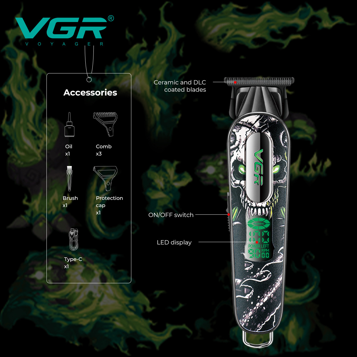 VGR260 Professional Electric Hair Clipper High Speed 9000RPM Engraving Function Digital Display Rechargeable Type_voghion.com