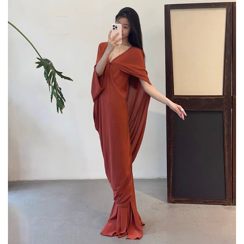 Zen Style V Neck Slit Draped Asymmetrical Waist Cape Skirt French Retro Slimming Look Chinese Red Dress Long