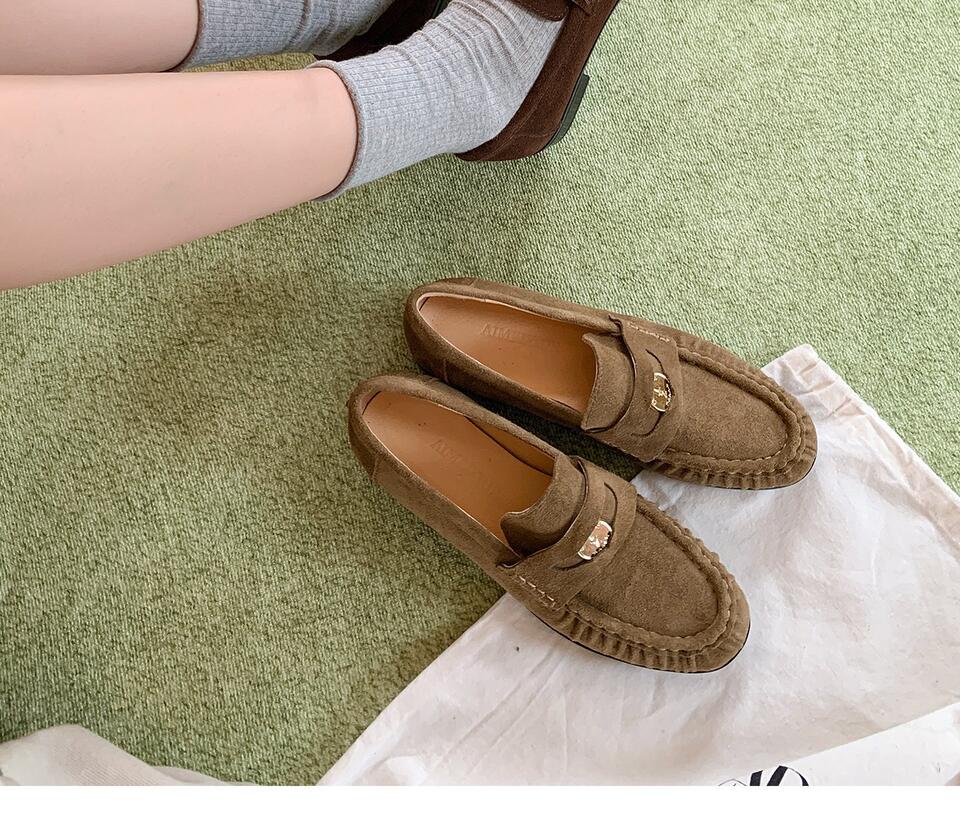 Giày lười nữ da bò nhăn nhúm phong cách retro, gót thô 6–8 cm, mũi tròn xỏ chân — Màu kaki, Màu nâu cà phê chi tiết 21