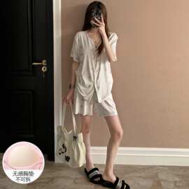 睡衣女夏季纯棉短袖高颜值睡衣新款带胸垫雪花套装夏天家居服