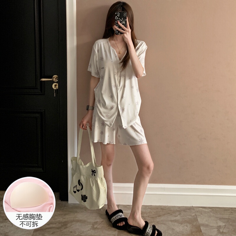 Pajamas for Women, Summer Pure Cotton Short-Sleeved High-Quality Pajamas, New Style with Chest Pads, Snowflake Set, Summer Home Clothes